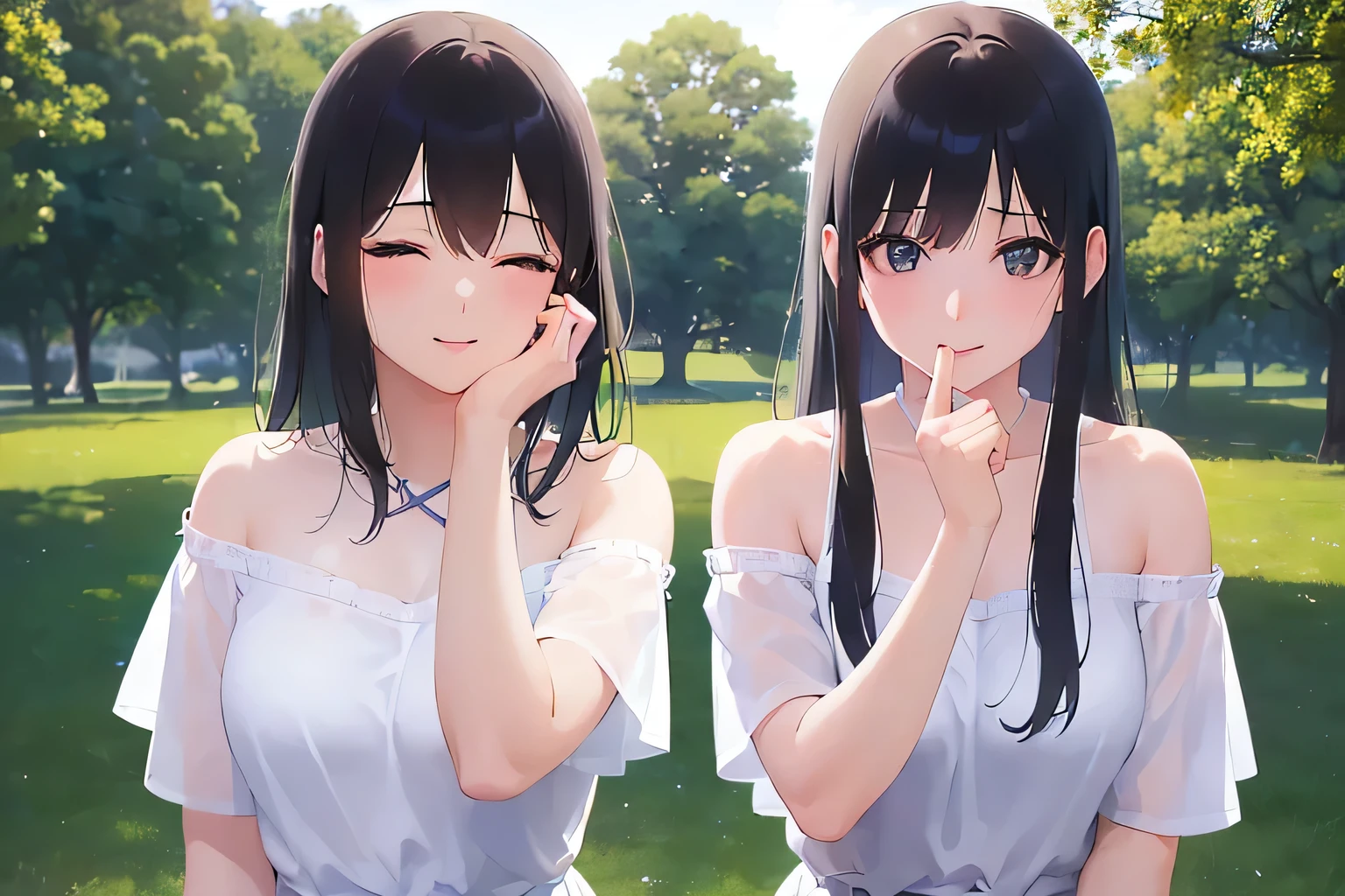 Placing hand on face、5 biologically correct fingers、Upper Body, Realistic, Real person, (Pale skin: 1.2), (RAW Photos:1.5), Realistic, Shiny skin, Shiny Hair、(A 25-year-old woman with straight hair and bangs) and (Medium Hair) and (Black Hair) and (close your eyes:1.5), (white:1.5) and (A white shirt with a collar:1.2), smile, Open your mouth, The background is a park、alone、Are standing information