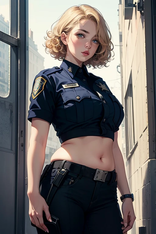 ((best quality)), ((masterpiece)), (detailed), a blonde babe, in a police uniform,beautiful eyes, curly hair, chubby body, Fully clothes