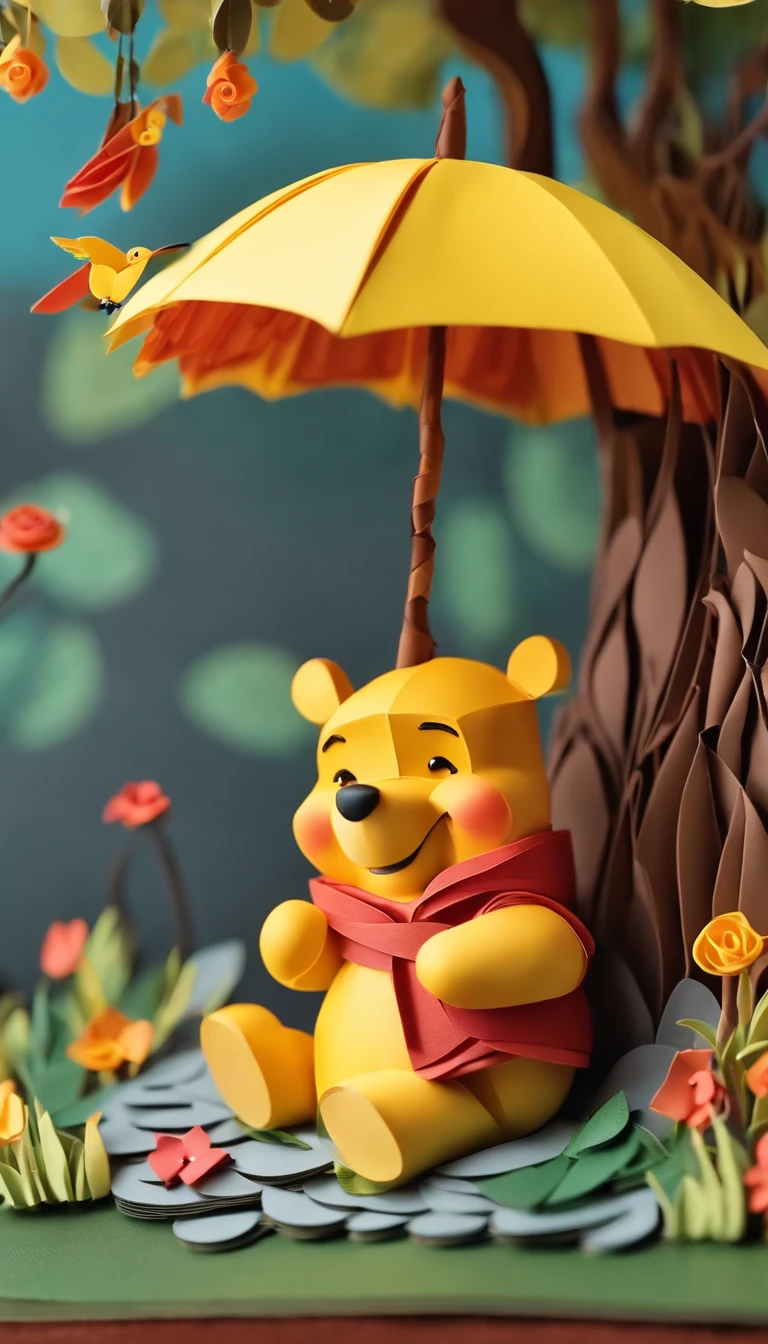Paper quilling Winnie the Pooh in the raining forest, Winnie the Pooh is using an umbrella, Multidimensional origami stitch style illustration,Paper seam style snake, a small paper quilling bird is flying,