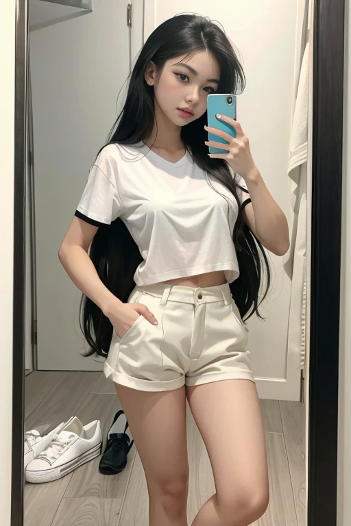 a beautiful young woman in a white shirt and shorts taking a selfie in a mirror with her cell phone and wearing white shoes, Elina Karimova, sakimi chan, a picture, private press 