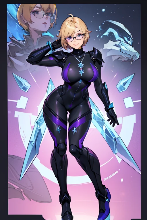 female, blonde short hair with purple trim, purple eyes, robotic, (((1girl))), (((black full body suit))), (blue ice armor breastplate), (blue ice heeled boots), (glasses), (necklace with snowflake pendant), cute and sexy, full body, large breasts, large butt, long legs, smiling