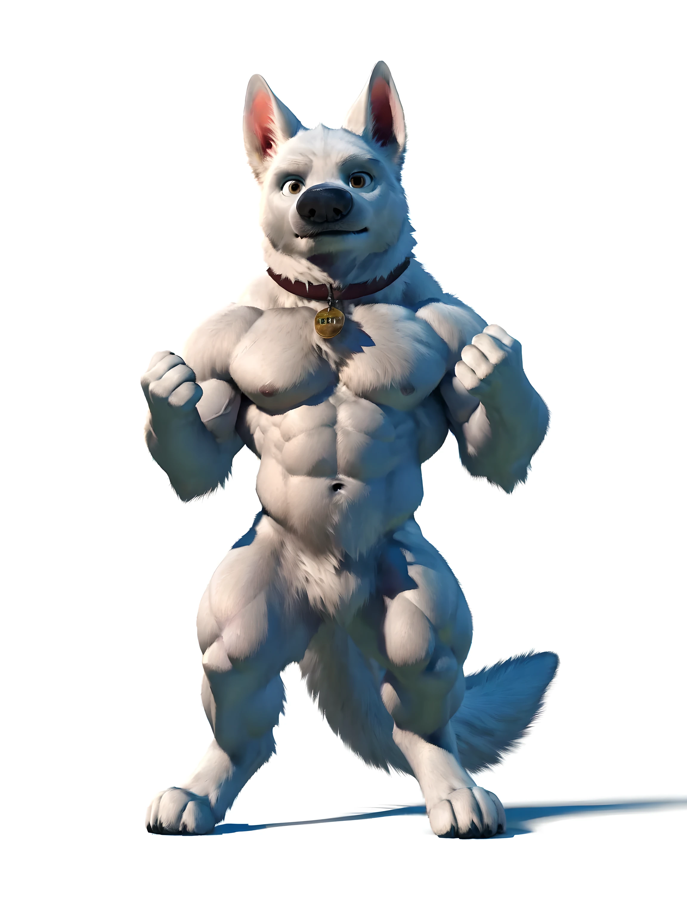 bolt the dog, adult, masculine, male, (quadruped, feral, feral dog):1.2, very muscular:1.5, muscles:1.5, sixpack, abs, strong chest, muscular shoulders, strong body, muscular neck, biceps, triceps, lats, muscular thighs, calves, vascular, veins, wide chest, taran fiddler style, virtyalfobo style, echin style, (no background, white background):1.3, realistic fur, correct lighting, correct shadows, detailed eyes, high quality, high resolution, detailed, collar, full body, muscular forelegs, muscular hindlegs, white fur, standing on back legs:1.1, legs spread