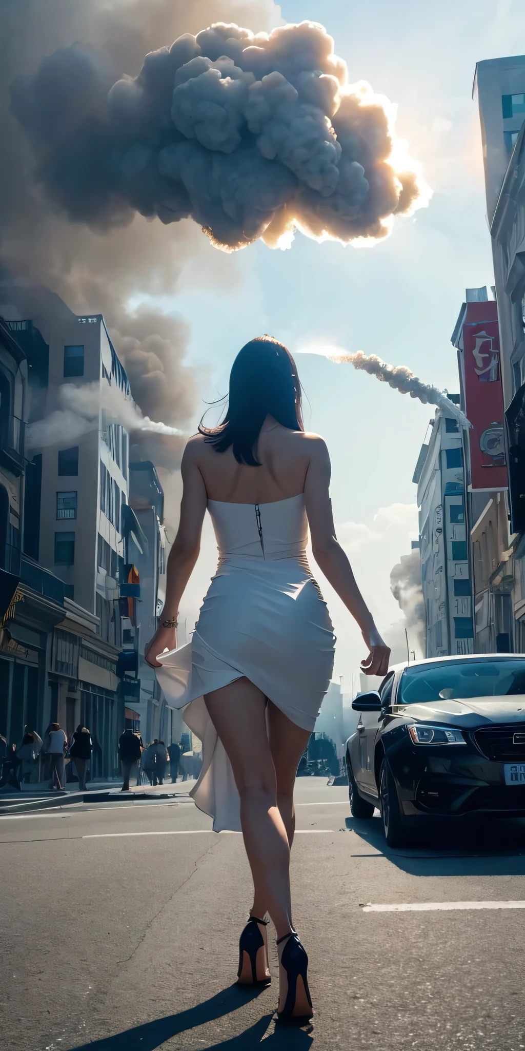 Giant Woman, Sexy Body, Wearing a short white dress, High heel shoes, Walking around town, Destroy buildings, people running々, Smash the car, Lots of smoke, Realistic lighting, View from below,(((very accurate anatomy)))