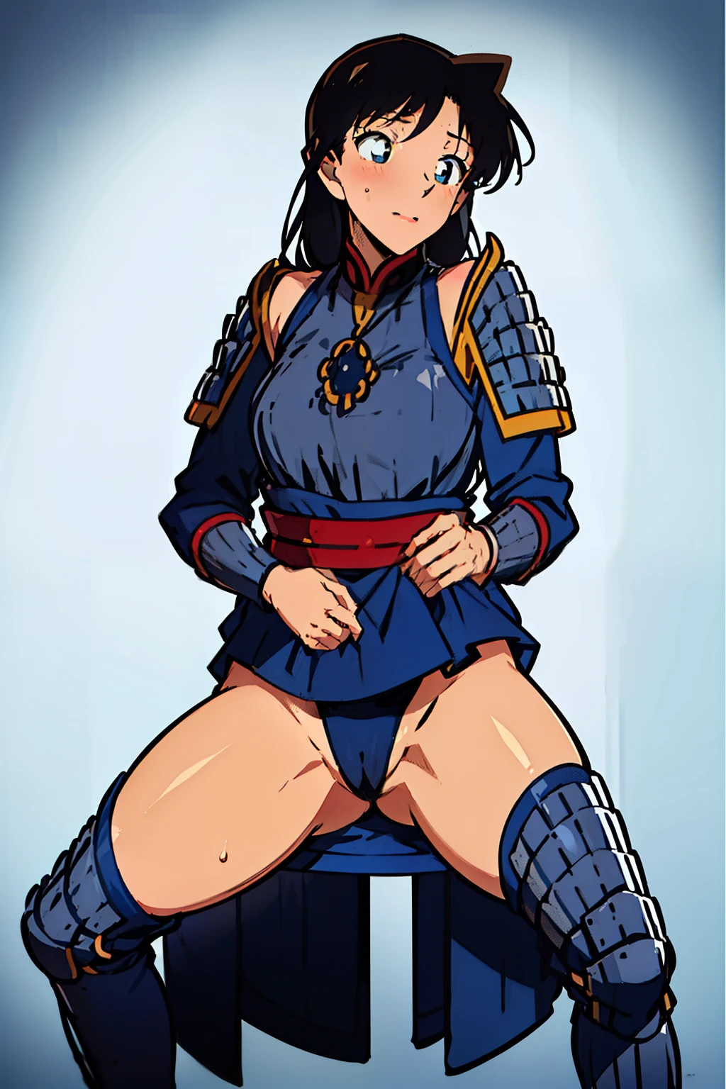 (high resolution, pixel perfect, realistic, gorgeous illustrations), (hyper quality, muste piece, etheric: 1.4), (solo, 1girl), ((long hair, black hair, blue eyes)), ((lstand,open legs)), mature woman, cool atmosphere, finely detailed beautiful eyes and detailed face, wide hips, Big breasts that are about to burst, fighter, ((((wh_chi_armor)))), ((leotard)), ((cameltoe)), cameltoe, lewd woman, shiny skin, gleaming skin, sweat, simple background,