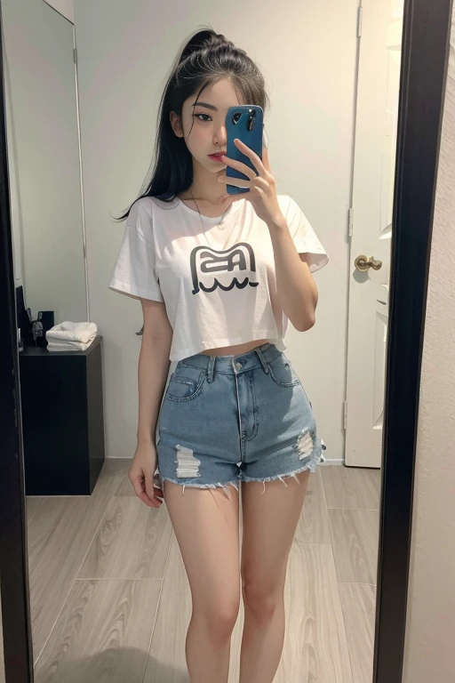 a European beautiful young woman in a white shirt and shorts taking a selfie in a mirror with her cell phone and wearing white shoes, Elina Karimova, sakimi chan, a picture, private press