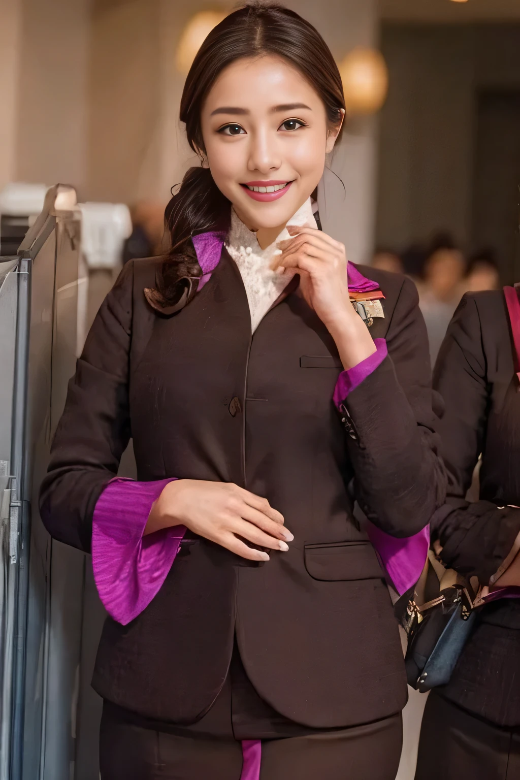 (masterpiece:1.2、highest quality:1.2)、32K HDR、High resolution、(alone、1 girl、Slim figure)、（A realistic reproduction of the ETIHAD Airways Cabincrew Uniform）、 (At the airport lounge, Professional Lighting)、Airport Lounge Background、A proper woman, Beautiful Face,、（Long sleeve ETIHAD Airways Cabincrew Uniform）、（ETIHAD Airways Cabincrew Uniform skirt with purple stripe on the front）、（scarf on chest）、Big Breasts、（Chignon、Long hair updo、Hair Bun）、Dark brown hair、Long Shot、（（Great hands：2.0））、（（Harmonious body proportions：1.5））、（（Normal limbs：2.0））、（（Normal finger：2.0））、（（Delicate eyes：2.0））、（（Normal eyes：2.0））)、Beautiful standing posture、smile、Place your hands around your stomach