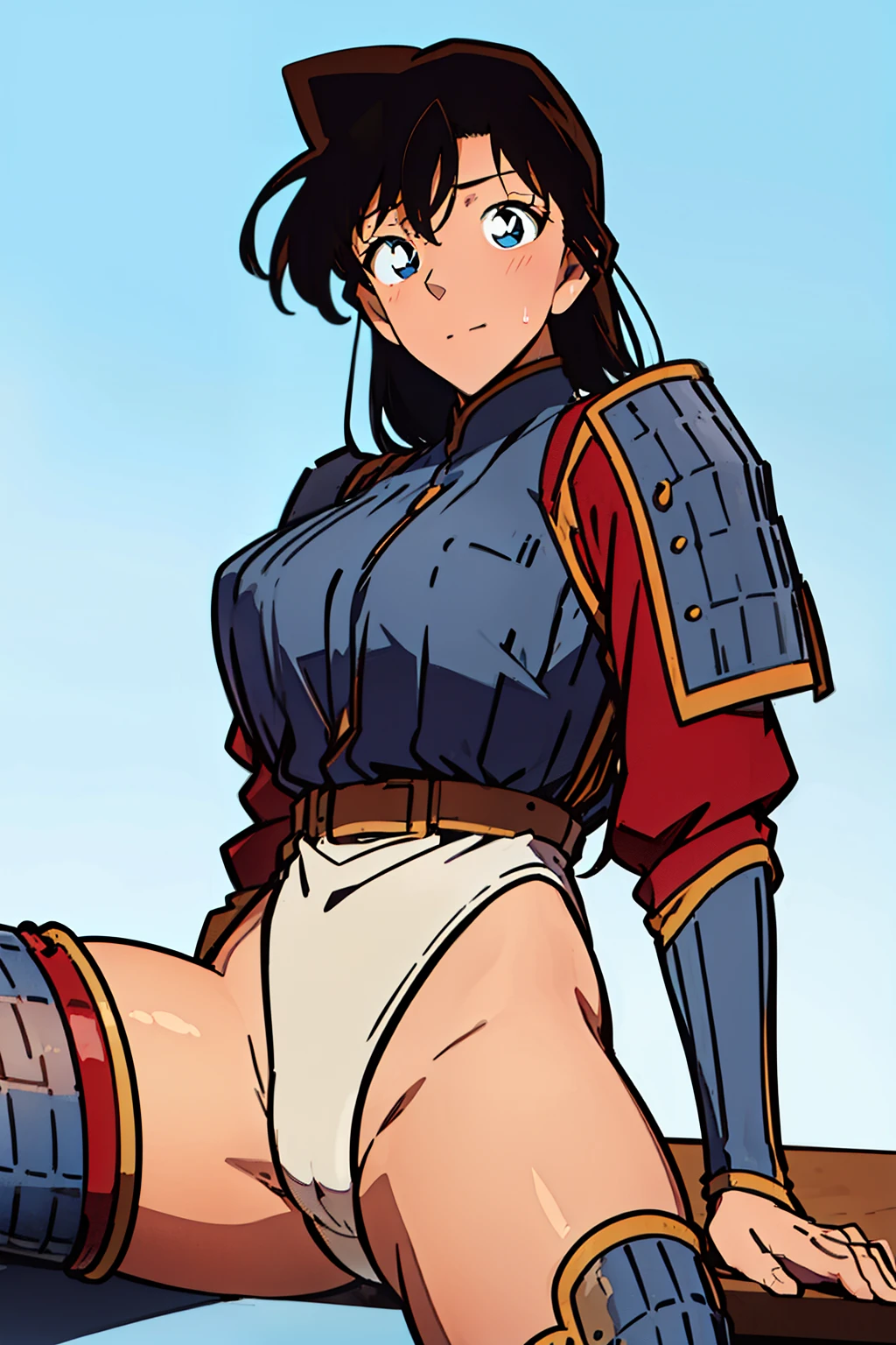 (high resolution, pixel perfect, realistic, gorgeous illustrations), (hyper quality, muste piece, etheric: 1.4), (solo, 1girl), ((long hair, black hair, blue eyes)), ((lstand,open legs)), mature woman, cool atmosphere, finely detailed beautiful eyes and detailed face, wide hips, Big breasts that are about to burst, fighter, ((((wh_chi_armor)))), ((leotard)), ((cameltoe)), cameltoe, lewd woman, shiny skin, gleaming skin, sweat, simple background,