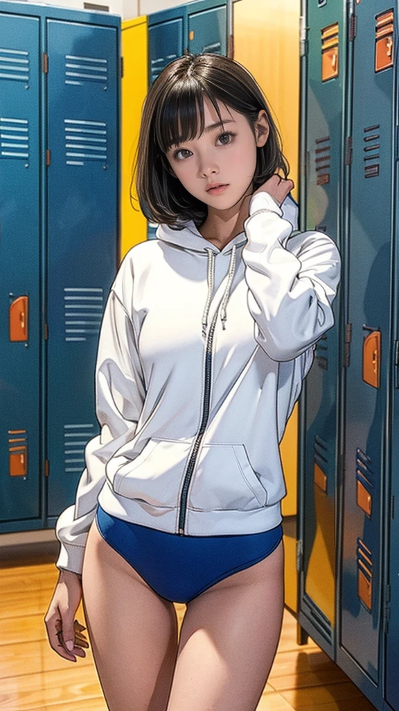 , Cute, Young face, big round eyes, troubled face, Japanese Girls , (Smile:0.7), Gymnastics suits, White long sleeve hoodie, food, High Leg Swimsuit, , Thin thighs,Thin waist, Thin thighs, Thin legs, Long legs, very short hair , Short Bob, (High color saturation:1.0), (Very detailedな肌), (best quality:1.0), (Ultra-high resolution:1.0) ,(Practical:1.0), (Very detailed:1.0), (8K, RAW photos:1.1), ((locker room:1.3))