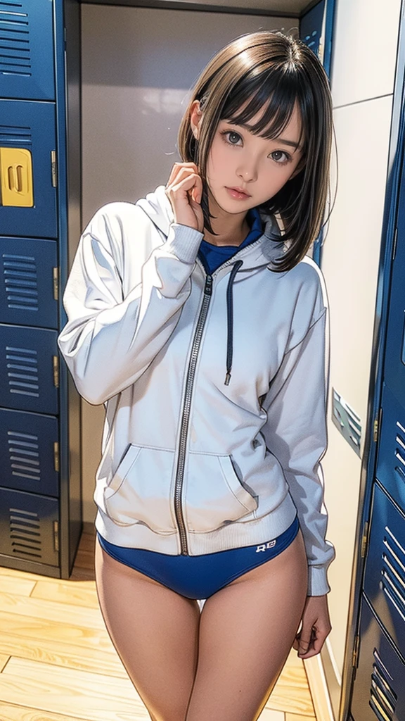 , Cute, Young face, big round eyes, troubled face, Japanese Girls , (Smile:0.7), Gymnastics suits, White long sleeve hoodie, food, High Leg Swimsuit, , Thin thighs,Thin waist, Thin thighs, Thin legs, Long legs, very short hair , Short Bob, (High color saturation:1.0), (Very detailedな肌), (best quality:1.0), (Ultra-high resolution:1.0) ,(Practical:1.0), (Very detailed:1.0), (8K, RAW photos:1.1), ((locker room:1.3))