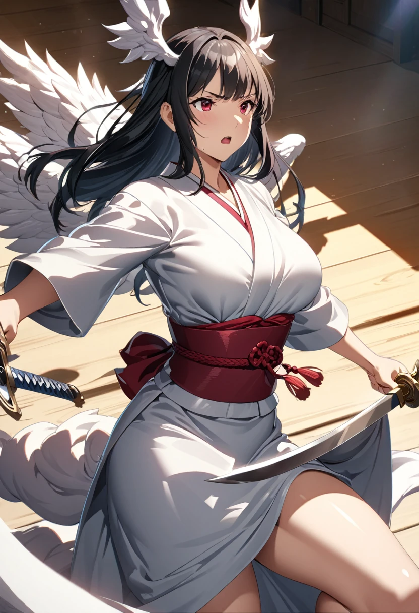 masterpiece, highest quality, Super detailed, CG illustration, High resolution, Better lighting, Best Shadow, Very delicate and beautiful, Proper shading, High resolution, 8k, Ray Tracing, Highly detailed and crisp backgrounds, Perfect lighting, Anime Style, game「Magic Swordsman」Inspired by: House of Ruby (Tengu, Winged Mountain God, Aggressive, Red and white colors), strength, Samurai Punk, alone, 1 female, Black Hair, Red eyes, Adult, Obi tassel,