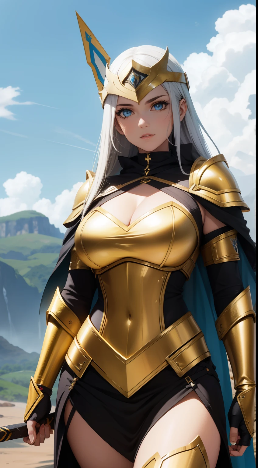 uma mulher Deusa, linda , com armadura de ouro, olhos azuis, andando pela montanha, segurando uma espada, uma super Deusa.