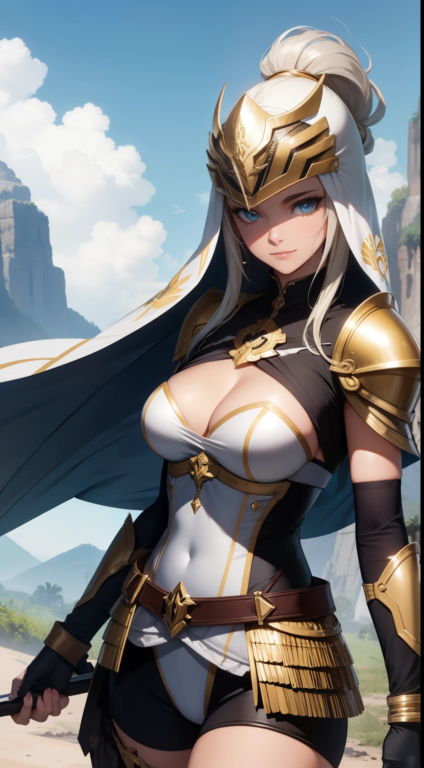 uma mulher Deusa, linda , com armadura de ouro, olhos azuis, andando pela montanha, segurando uma espada, uma super Deusa.