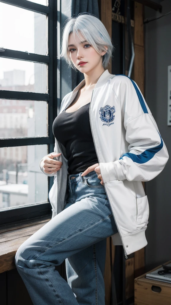 best quality,masterpiece,8k wallpaper,absurd, High resolution, Super detailed, (1 young beautiful girl, Solitary:1.1),Practical,Large Breasts,blue eyes,(white hair:1.3),short hair,letterman jacket,boot cut pant,rest