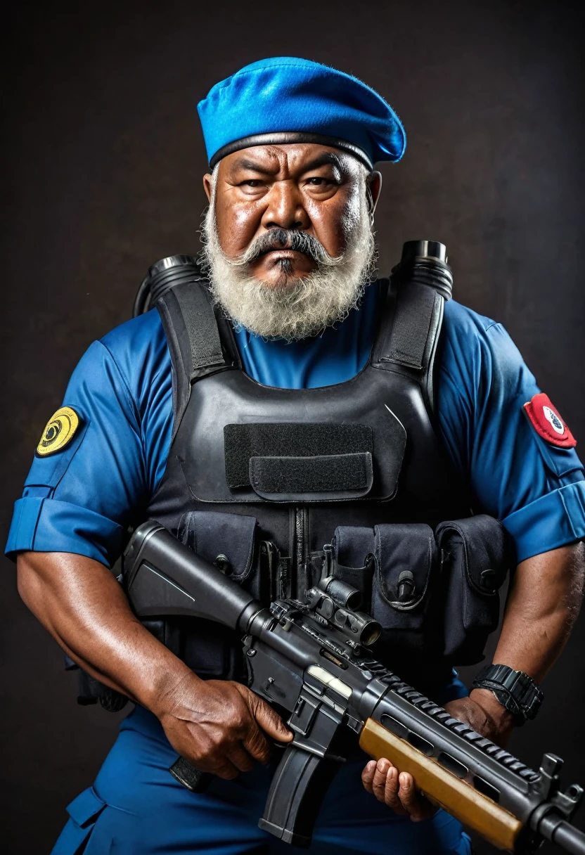 (a dark-skinned bearded fat old man in a diver suit) holding a gun and (wearing blue army beret on his head), muscular, Basuki Abdullah, sumatraism, action, a character portrait, heroic, , snarling