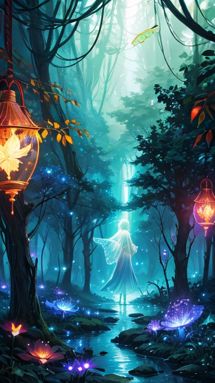 A psychedelic spirit floating among branches and fireflies, detailed digital art, dreamlike atmosphere, surrealistic style, photorealistic, 8k, hyper detailed, vibrant colors, mystical, glowing fireflies, ethereal lighting, fantasy, soft focus, depth of field, dramatic composition, atmospheric, cinematic, colorful jungle