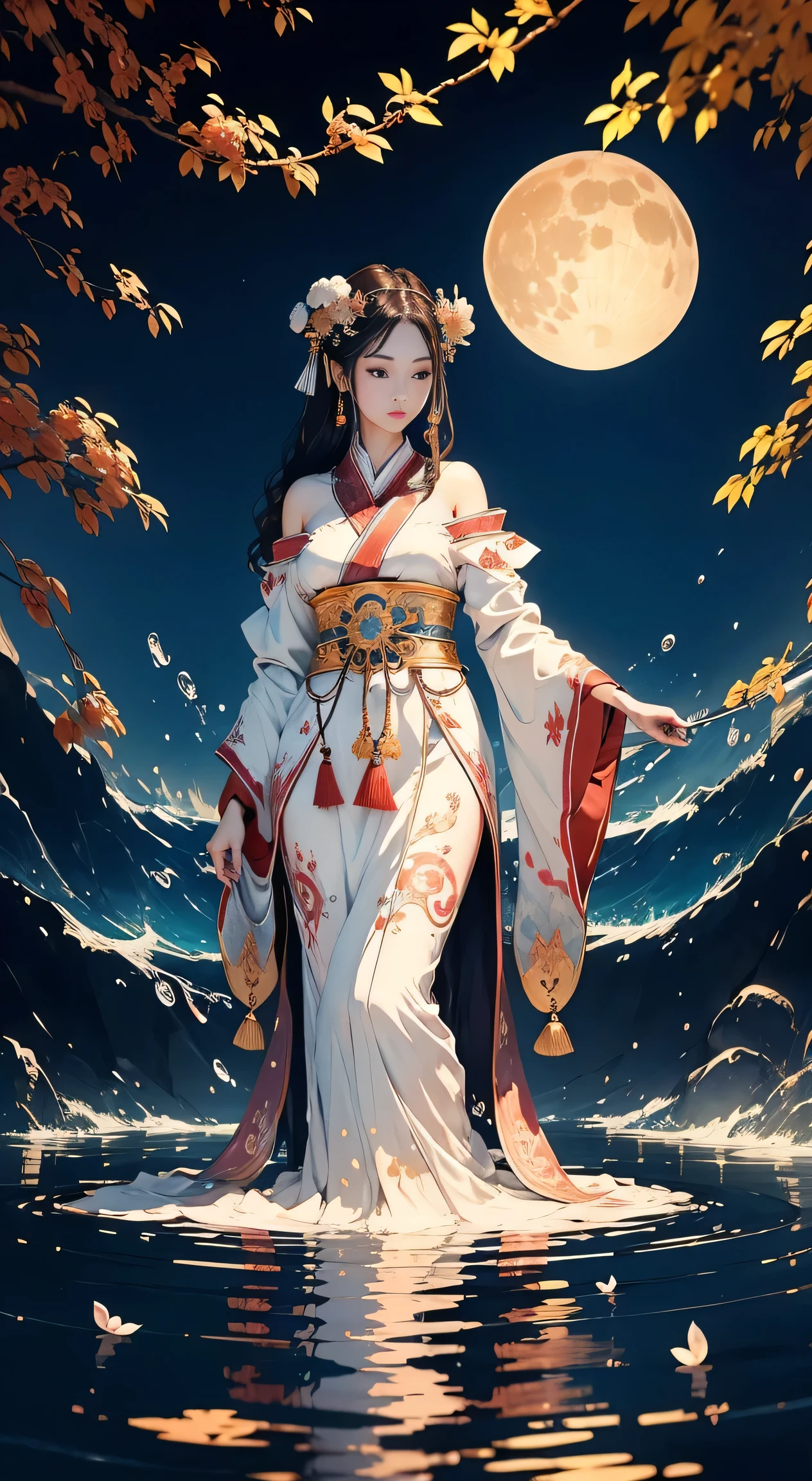 (full body photography)(((masterpiece))), Best quality, Illustration, Beautiful details, goddess of water, anmutig tanzend, asian beauty, delicate face ,shinto, hanfu, komplette figur im bild, nachtszene, vollmond, wasser-tanzt