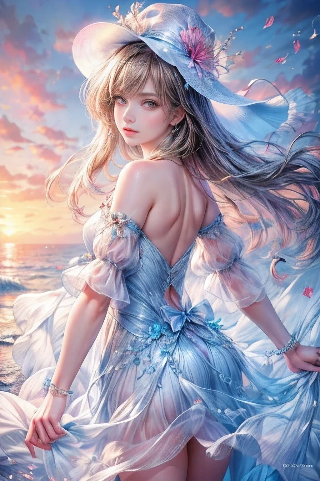 multiple exposure, masterpiece:1.2, highest quality, 16k, highres, ultra-realistic, photorealistic:1.37, beautiful detailed:1.2, cute girl, flying in a beach full of hibiscus, holding a bouquet of hibiscus,beach(colorful hibiscus, full of hibiscus, bluesky), beautiful delicate light blue dress and hat with a whirling tides motif, Beautiful and elegant pose, gently smile, beautiful delicate(hair, face, long eyelash, eyes, pupils, lips, hat, dress), sparkling eyes, shining rosy lips, blushed cheek, through bangs