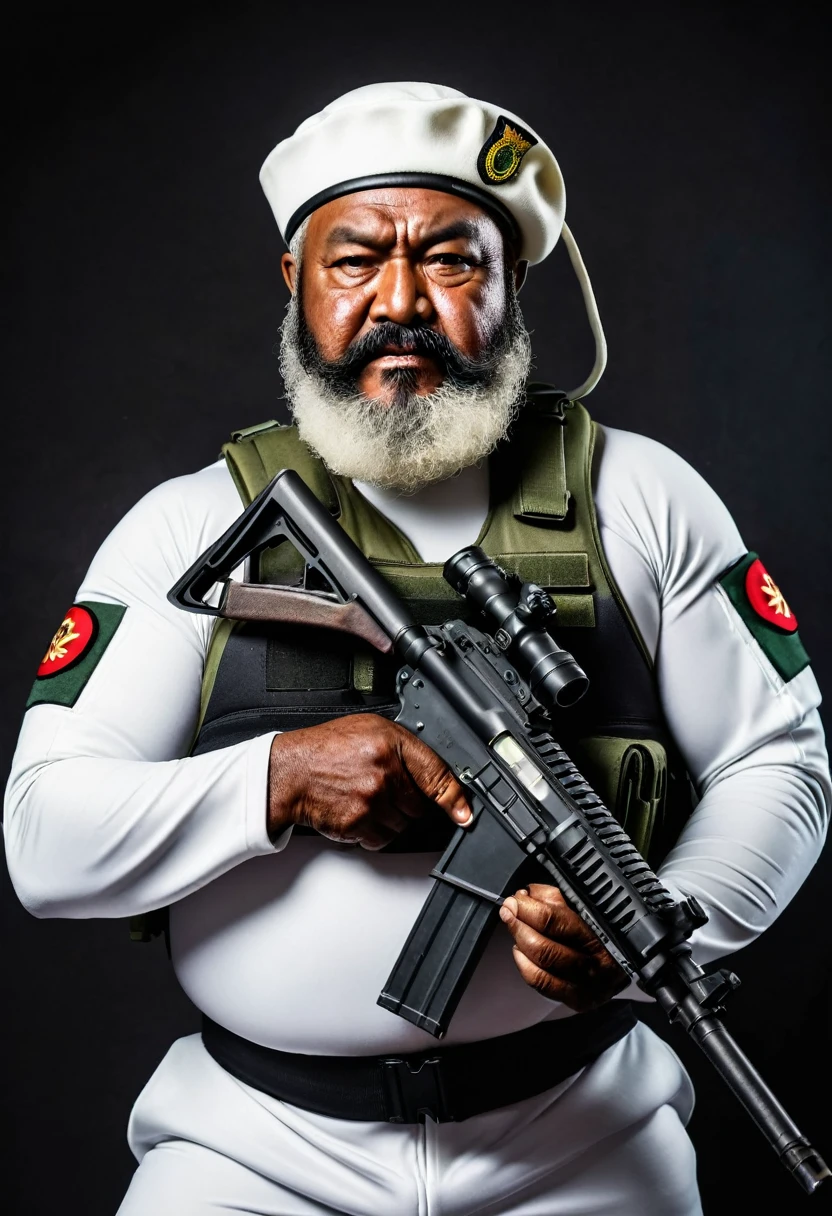 (a dark-skinned bearded fat old man in a white diver suit) holding a gun and (wearing army beret on his head), muscular, Basuki Abdullah, sumatraism, action, a character portrait, heroic, fierce, snarling