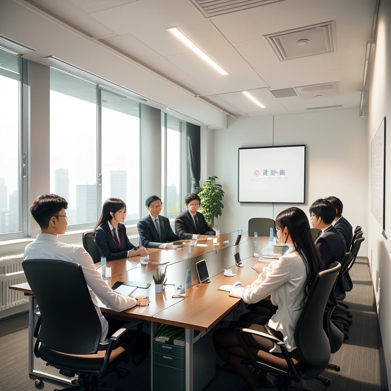 几个人坐在一间大meeting room的一张桌子旁, in a meeting room, A group of people sat at the table, In the , business meeting, meeting room, classroom photos, Interesting background, high resolutionolution, High resolutionolution, Prepare for a meeting, cubical meeting room office, full resolution, High resolution, high resolution, High quality pictures