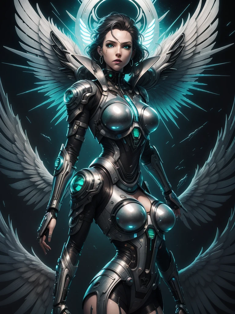 masterpiece, (best quality), (Extremely detailed), (Surreal:1.2), landscape, Science Fiction, Transistor Punk, Cyberpunk, biopunk, (magazine cover:1.4), (grey, White), female giant robot, Sun Visor, earrings, mechanical Angel Wings on the back, Angel Wings, Future Castle, Dynamic poses, Dynamic angle, Small Breasts, Luxury, (Kaneko, silver, green), neon