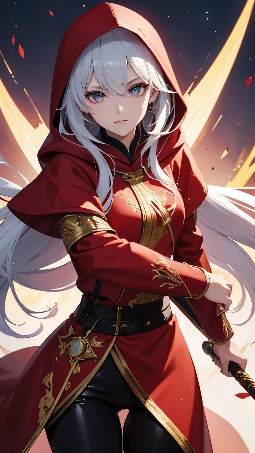 best quality, super fine, 16k, incredibly absurdres, extremely detailed, delicate and dynamic, cool beauty and cute female swordsman, big holy sword, red hooded long coat with gold embroidery, hood up, white pants, long boots, black messy hair and hair between eye