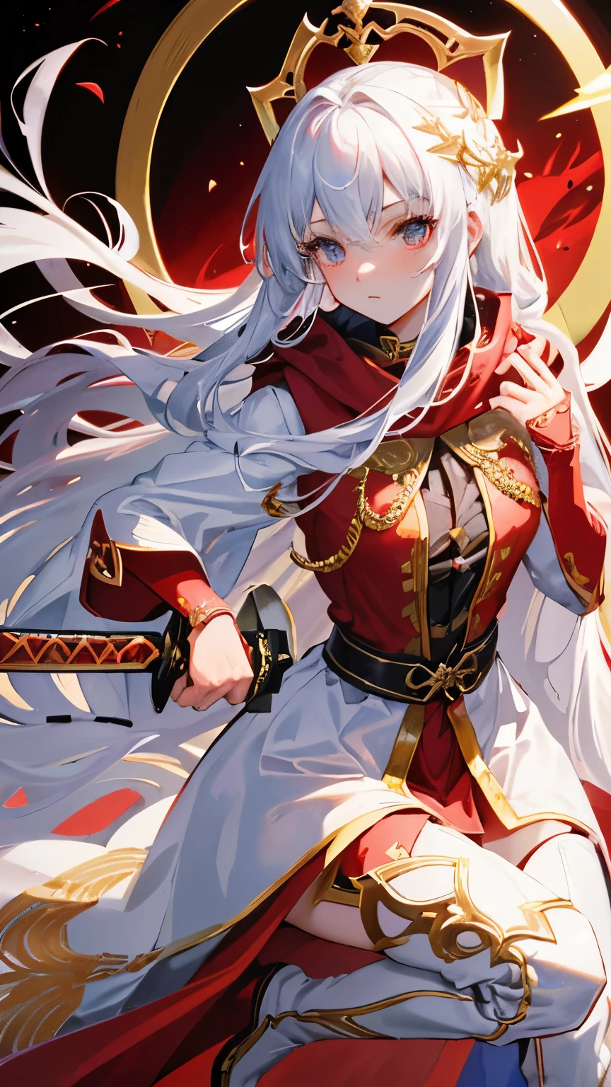 best quality, super fine, 16k, incredibly absurdres, extremely detailed, delicate and dynamic, cool beauty and cute female swordsman, big holy sword, red hooded long coat with gold embroidery, hood up, white pants, long boots, black messy hair and hair between eye