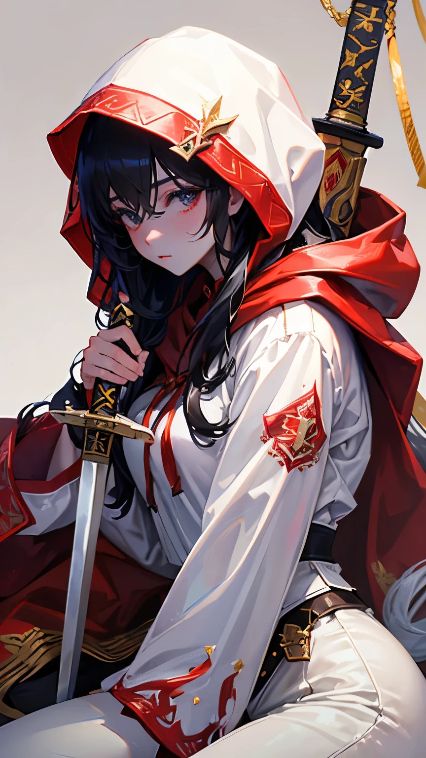 best quality, super fine, 16k, incredibly absurdres, extremely detailed, delicate and dynamic, cool beauty and cute female swordsman, big holy sword, red hooded long coat with gold embroidery, hood up, white pants, long boots, black messy hair and hair between eye