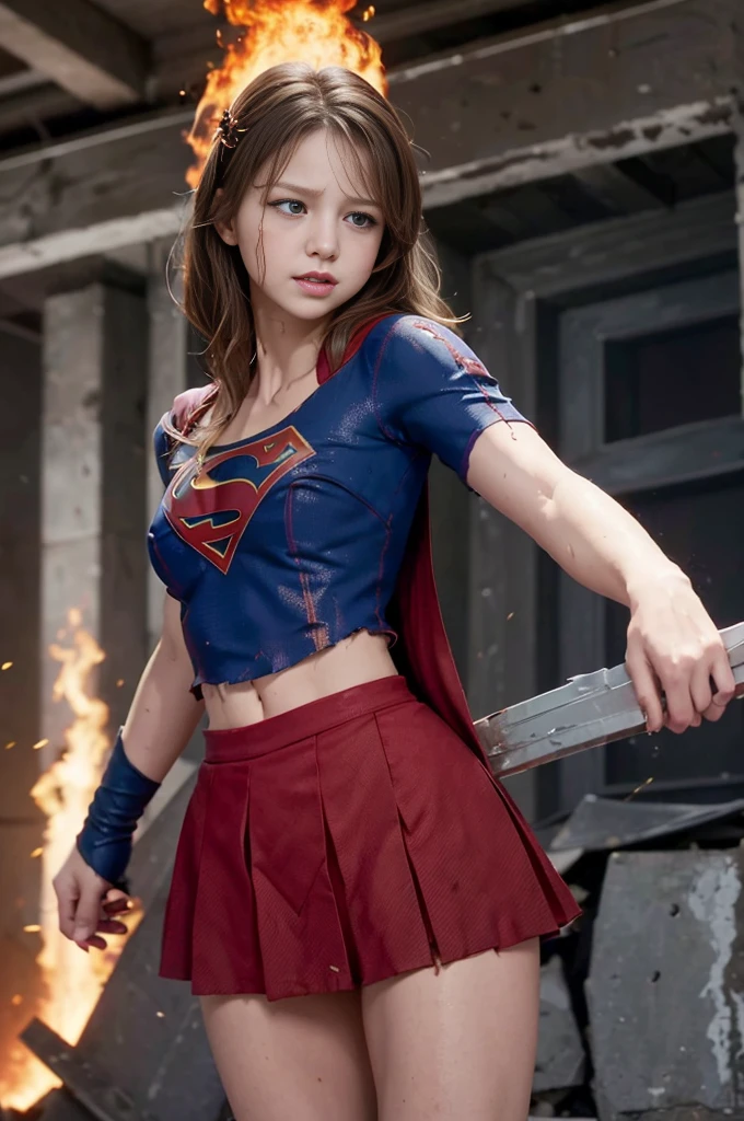 best quality,masterpiece,Ultra HD, Super detailed, 8K,(Beautiful woman),(一人のBeautiful woman),((suffering:1.5)),((cross)),(execute),((incontinence)),scared,,,((crossにsufferingにされた女性:1.5)),suffering刑,((Super Girl)),Blue Suit,Superman logo on chest,Red Skirt,((torn clothing:1.5)),((Clothes torn:1.5)),(Ragged clothes),((There are bruises on the body)),Scars on the body,Injuries to the face and body,Defeat the heroine,a devastated world,ruins,abandoned building,(Burning at the stake),((roast on fire:1.2))