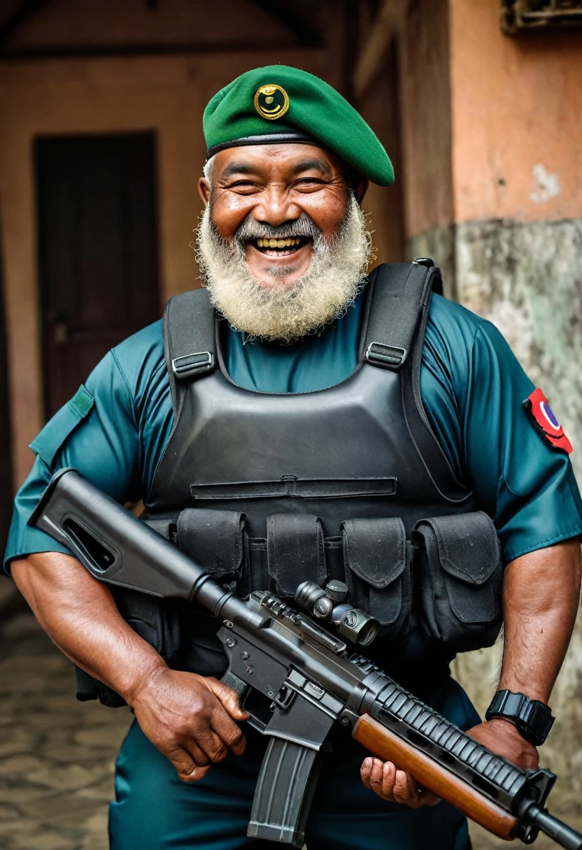 (a dark-skinned bearded fat old man in a diver suit) holding a gun and (wearing army beret on his head), muscular, Basuki Abdullah, sumatraism, action, a character portrait, heroic, fierce, smiling