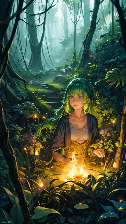 A psychedelic spirit floating among branches and fireflies, detailed digital art, dreamlike atmosphere, surrealistic style, photorealistic, 8k, hyper detailed, vibrant colors, mystical, glowing fireflies, ethereal lighting, fantasy, soft focus, depth of field, dramatic composition, atmospheric, cinematic, colorful jungle, art gem, gothic appeal,  green eyes , detailed green eyes, thick lips