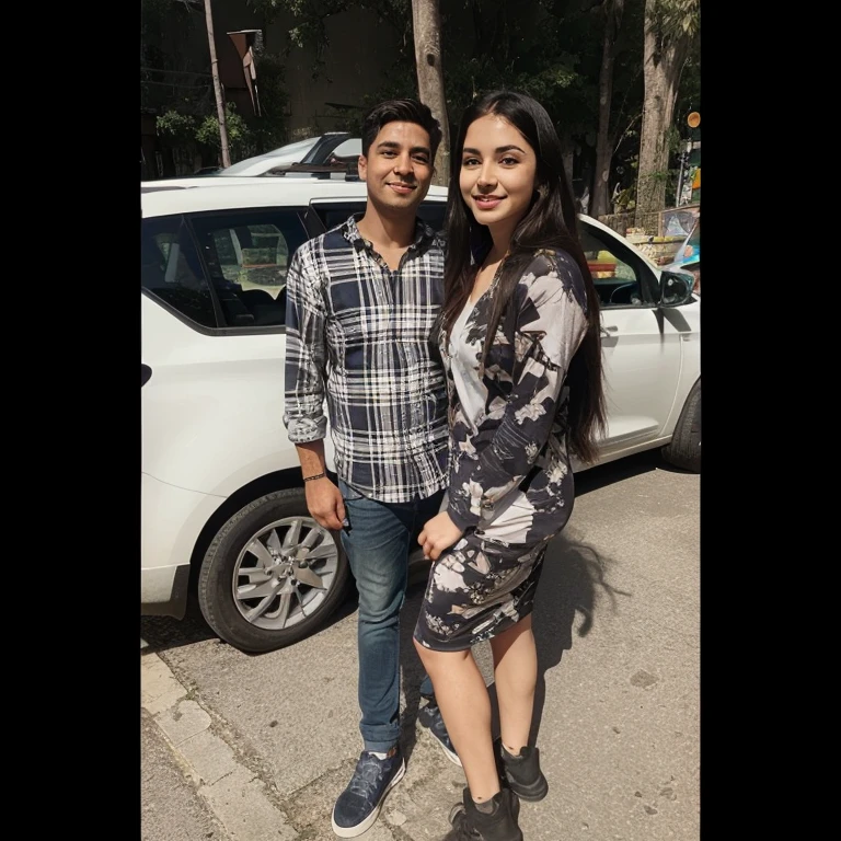 a man and woman standing next to each other in front of a car, lovely couple, 🤬 🤮 💕 🎀, by Romain brook, competition winning, on a street, !! low contrast!!, male and female, taken with sony alpha 9, facebook post, in city street, they are close to each other, with brown skin, by Niko Henrichon