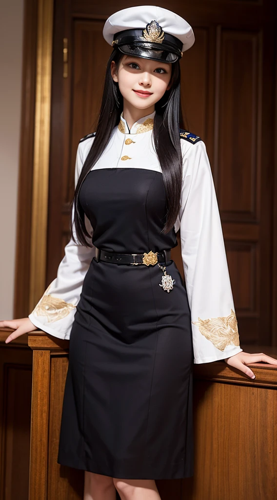 "Top CG, best quality, Smile, Gentle beautiful girl, 帝国pope, {{185cm big beauty}}, (High), Royal sisters, Military wife temperament, pope, White skin, Showing breasts, Long legs, Perfect facial features, Bright Eyes, Officer's hat, red lips, Beautiful and cold, {{Large Breasts}}, beautiful and handsome, Blue long hair, Officer epaulettes, Transparent and visible skin, {{Girl in Red Army Coat}}, Super detailed, { Blue lines on clothes}, Delicate and shining eyes, Crop Top, White and blue leather clothing, Tight leather jacket, 4k picture quality, Urban Beauty, Modern City, Realistic portraits,