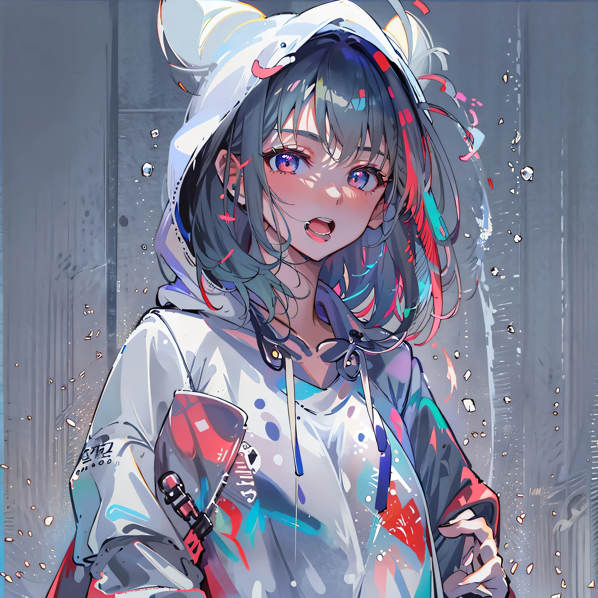8K resolution、((top-quality))、((masterwork))、((ultra-detailliert))、1 woman、solo、incredibly absurdness、Oversized Hoodies、white earphone、street、plein air、Sateen、neons、Shortcut Hair、Brightly colored eyes、Hands in pockets、shortpants、water dripping、really cute 