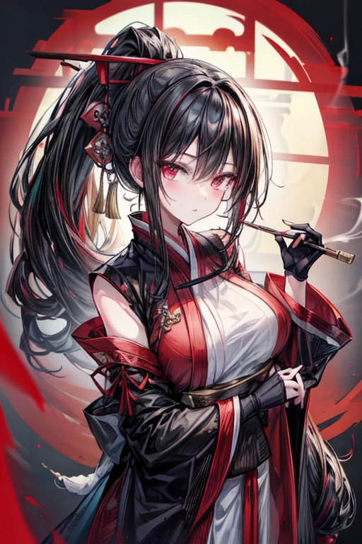 masterpiece, best quality, perfect face, expressive eyes, 1girl, anime, adult, black hair, crimson eyes, ponytail, black fingerless gloves, red and black hanfu, holding_smoking_pipe