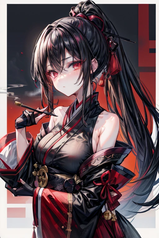 masterpiece, best quality, perfect face, expressive eyes, 1girl, anime, adult, black hair, crimson eyes, ponytail, black fingerless gloves, red and black hanfu, holding_smoking_pipe