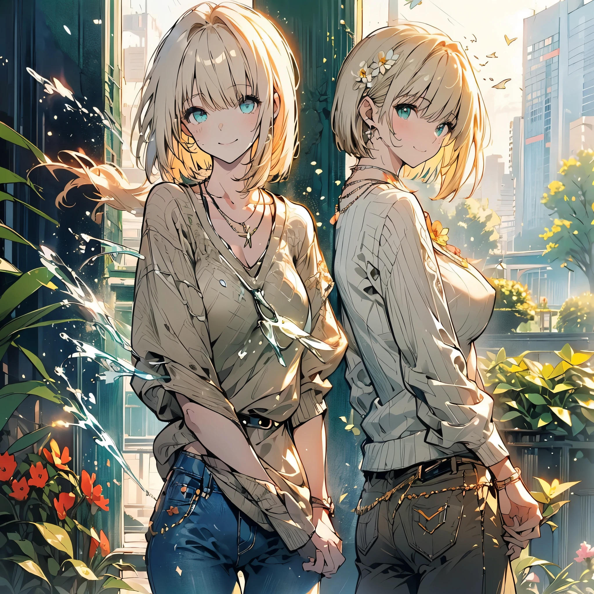 ((Fantasy　Beige Hair　Short Bob　White knit　Green Necklace　Large Breasts　Put your hands in your pockets))　((Flower Garden　Bathed in light　Splash　sun　Peaceful scenery))　(smile　Flowing hair　Open your eyes a little)　Denim pants　Small Bag　Stylish　Beauty　Shining Edge　Shining Background