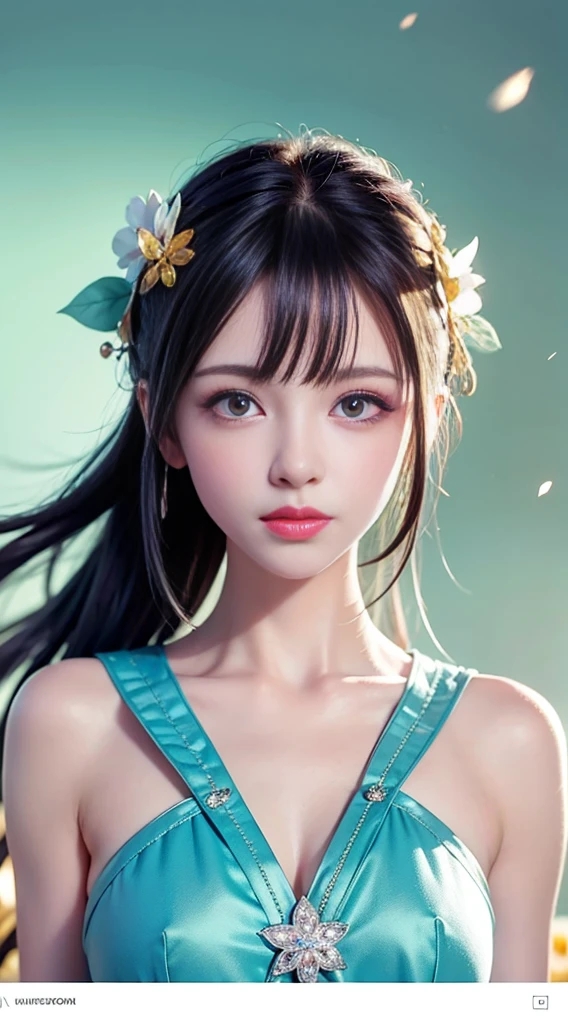 (masterpiece), (best quality), (Super detailed),(disheveled hair),(illustration), (1 Girl), (Fashion), permanent, fashion model, looking at the audience, (interview), (Simple background),Beautiful and delicate eyes, Delicate and beautiful face, floating,(High saturation),(Colorful splash),Colored bubbles,(shining), focus on face, Ponytail, Kamisato Ayaka, light blue hair, Bangs, hair ring, Floating flowers, Floating hair, (shining), Optimal lighting, The best shadow,