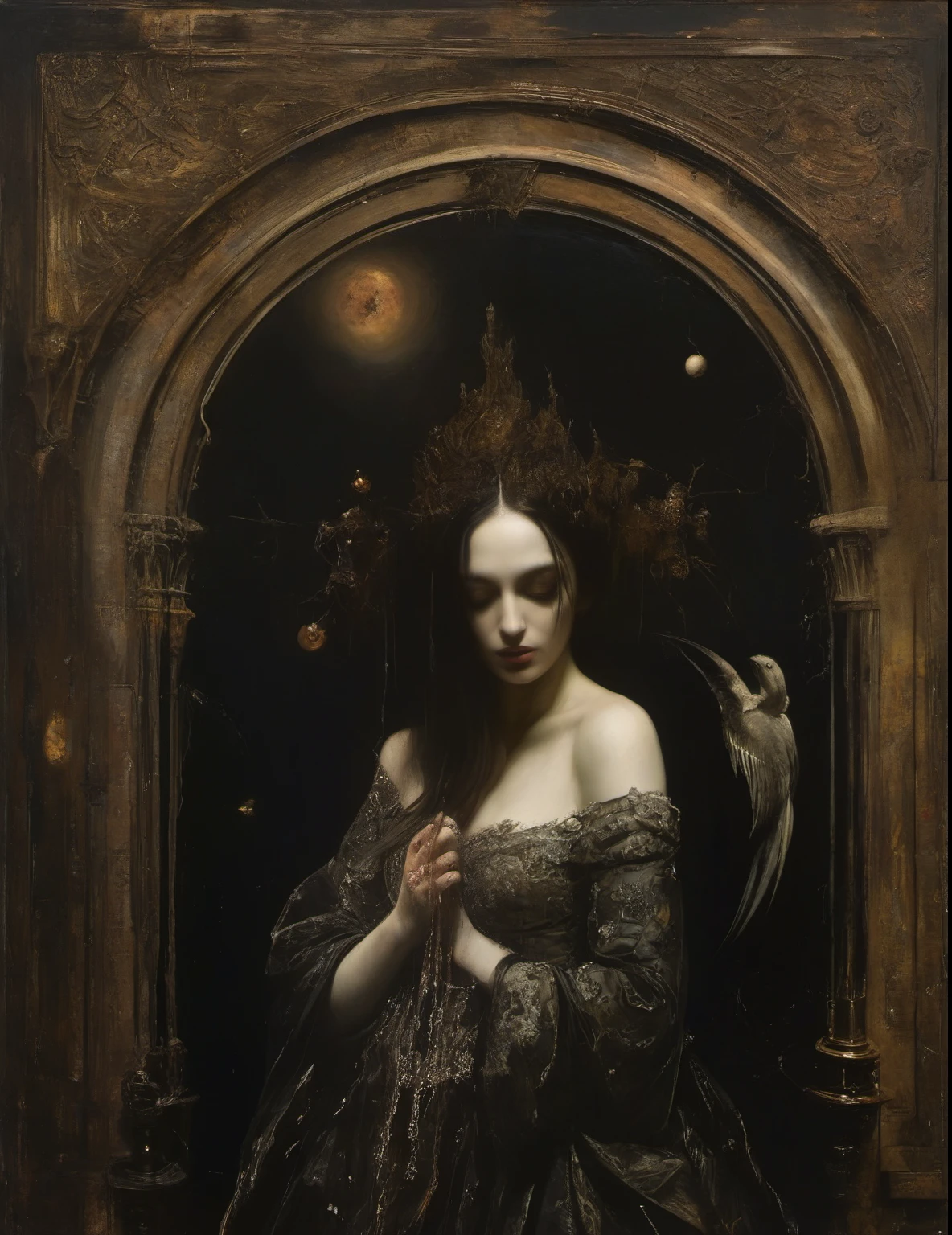 James Gurney, Surrealist art , dream-like, mysterious, Provocative, symbolic, Complex, detailed,, (Gothic but very beautiful:1.4), (masterpiece, Highest quality:1.4) , Nicola Samori Style, Beautiful black-winged mermaid from the underworld
