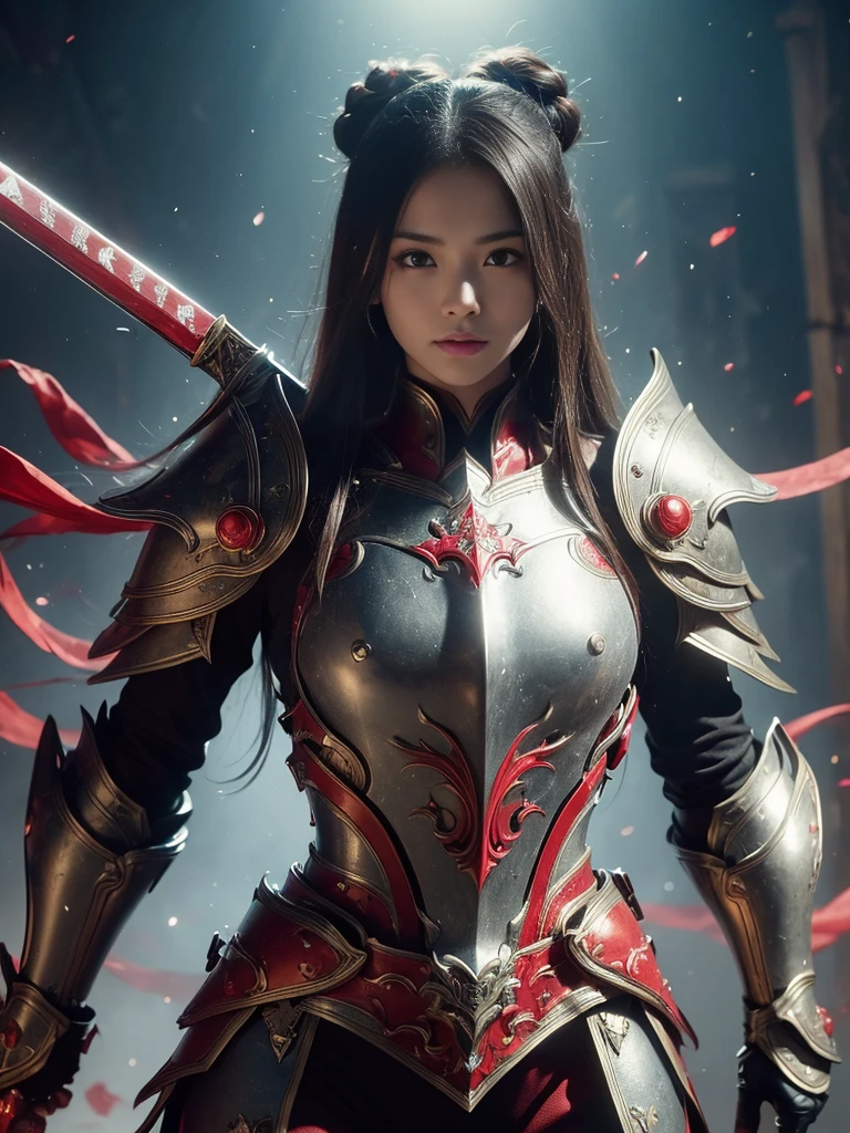 (((Practical, masterpiece, best quality, Crisp details, HD, High Detail, Clear focus, Perfect studio lighting))), 17-year-old girl wearing heavy golden armor, Japanese armor, full body armored, Fully decorated armor, Armor damage, Long and straight hair, dirty, sweat, Bloodstained face, Blood Scattering Armor, Bloodbath, , Wield a blood-spattered sword against a cursed warrior, An epic war, fire everywhere, There was smoke everywhere, There was blood everywhere, Death is everywhere, Japan Edo Period, Brutal battle background