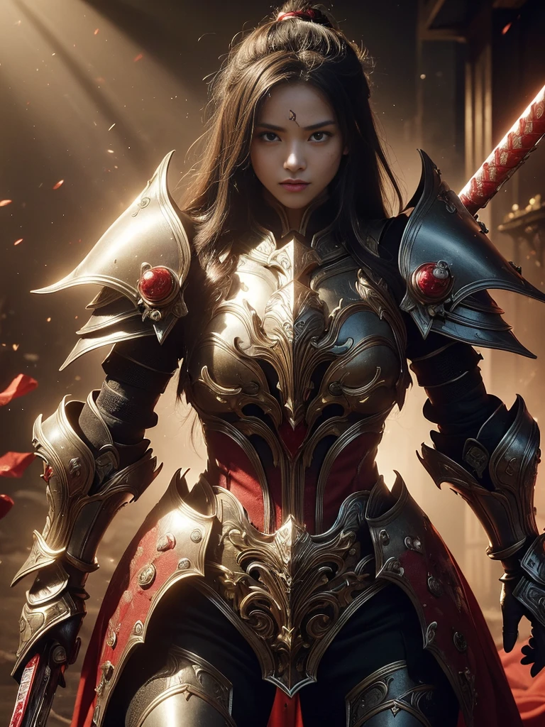 (((Practical, masterpiece, best quality, Crisp details, HD, High Detail, Clear focus, Perfect studio lighting))), -yeld giwearing heavy golden armor, Japanese armor, full body armored, Fully decorated armor, Armor damage, Long and straight hair, dirty, sweat, Bloodstained face, Blood Scattering Armor, Bloodbath, , Wield a blood-spattered sword against a cursed warrior, An epic war, fire everywhere, There was smoke everywhere, There was blood everywhere, Death is everywhere, Japan Edo Period, Brutal battle background