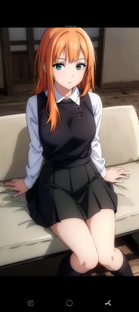 a girl with long orange hair, detailed green eyes, wearing a white uniform sailor t-shirt, blue plaid skirt, and long black socks, extremely detailed eyes and face, longeyelashes, beautiful detailed eyes, beautiful detailed lips, realistic, photorealistic, photo-realistic:1.37, (best quality,4k,8k,highres,masterpiece:1.2),ultra-detailed,(realistic,photorealistic,photo-realistic:1.37),HDR,UHD,studio lighting,ultra-fine painting,sharp focus,physically-based rendering,extreme detail description,professional,vivid colors,bokeh,portrait