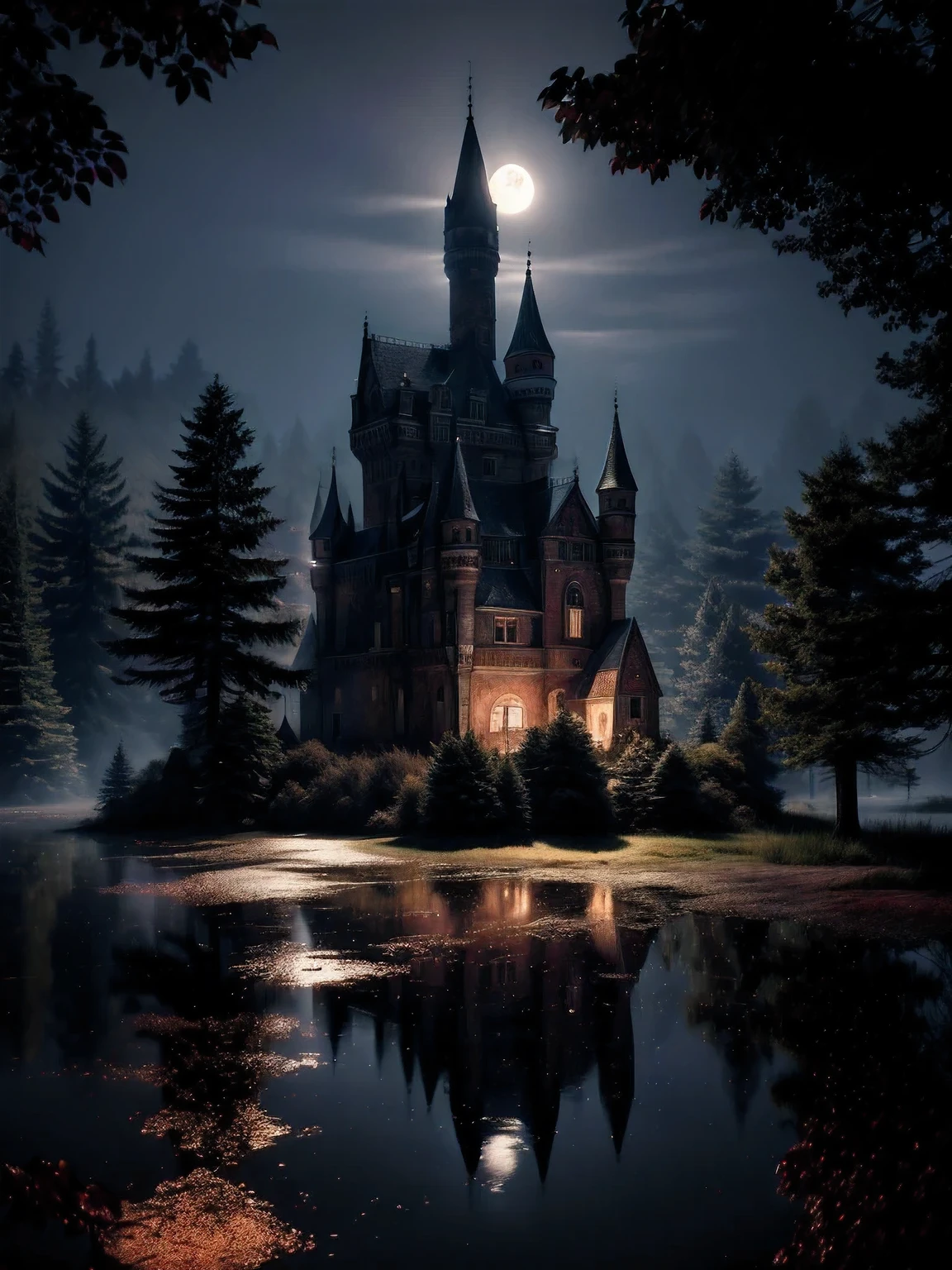 Castle, upbeat, surrounded by trees, Foggy, dark night, moon and clear sky, (masterpiece),((ultra detailed)), (highly detailed computer illustration),(inexpressive), (Best quality:1.2), High quality texture, complex parts, Detailed texture, quality shadows, 