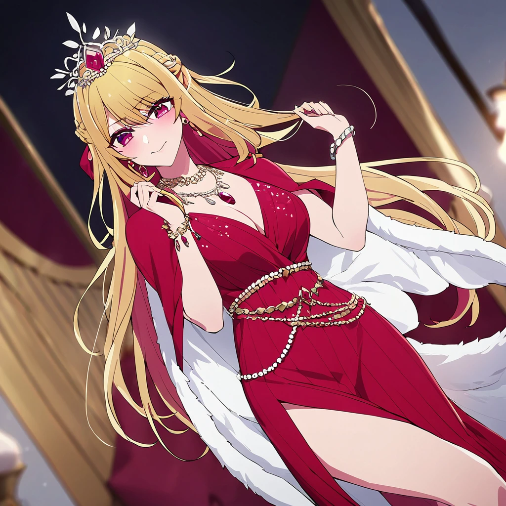 ((highest quality)), ((masterpiece)), (detailed), （Perfect Face）、The woman is Hoshino Ruby, with light blonde, medium-long hair.、A gorgeous red see-through dress with a long slit that lets you see right through to the skin, a see-through cape with fur, a necklace with jewels, a tiara, earrings, a head dress-up chain, a waist chain, bracelets, ankle bracelets, etc.々She wears lavish jewelry and shiny red boots.