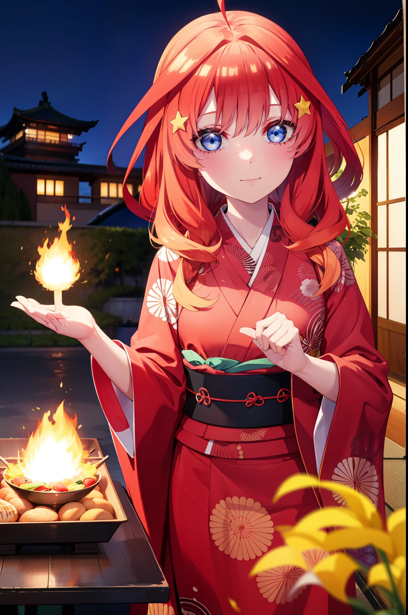 itsukinakano, Itsuki Nakano, bangs, blue eyes, Hair between the eyes, Ahoge, Redhead, star \(symbol\), hair ornaments, star hair ornaments,smile,Red Kimono,Long sleeve,Sandals,night空の花火,Fireworks display,Japanese Festivals,Summer festival food stalls,Red Lantern, night,whole bodyがイラストに入るように,Looking down from above,He is holding cotton candy in his right hand,
break outdoors, shrine, break looking at viewer,whole body,
break (masterpiece:1.2), highest quality, High resolution, unity 8k wallpaper, (shape:0.8), (Beautiful and beautiful eyes:1.6), Highly detailed face, Perfect lighting, Highly detailed CG, (Perfect hands, Perfect Anatomy),
