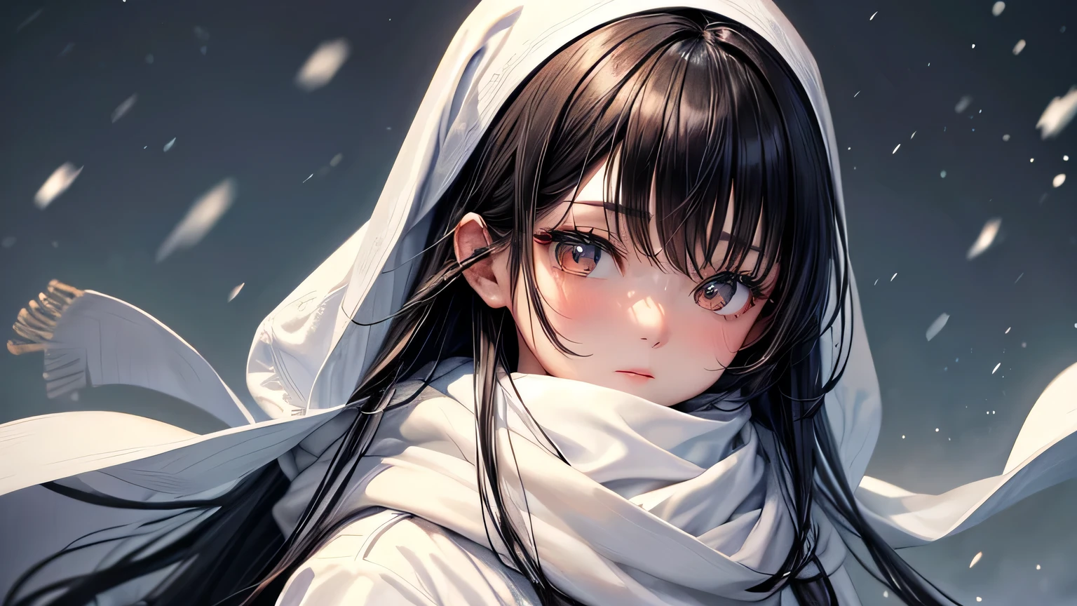 highest quality、Highest quality、Detailed facial expressions、((One beautiful woman、alone))、((Black Hair:1.3))、Beautiful light brown hair、Beautiful straight long hair、Gothichorror、((White long coat and scarf:1.2))、Oversized sweater、Winter snow road、Beautiful and detailed eye depiction、Beautiful and detailed hair、Beautiful and detailed facial expressions、snow、tobacco、White Breath、