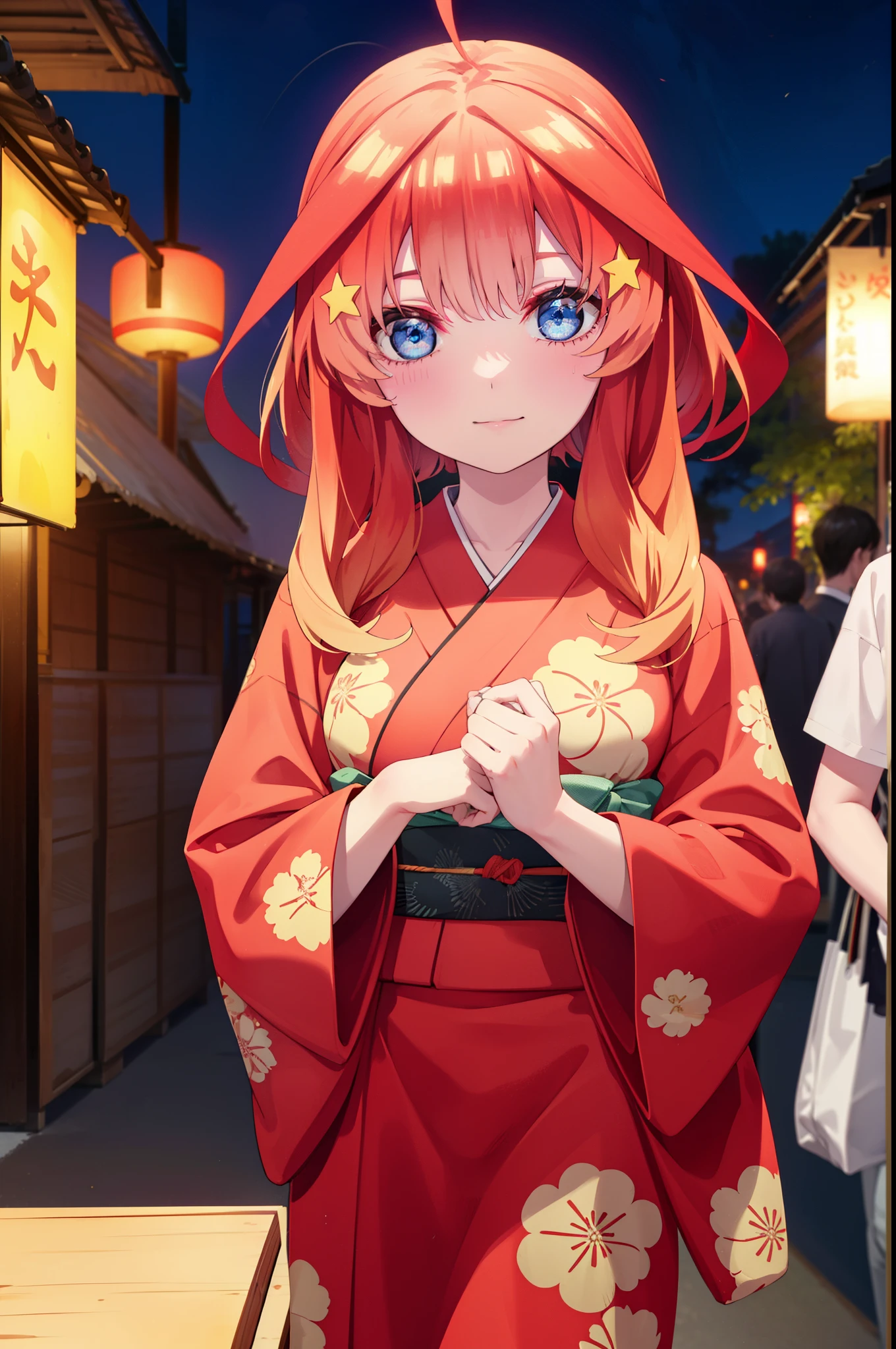 itsukinakano, Itsuki Nakano, bangs, blue eyes, Hair between the eyes, Ahoge, Redhead, star \(symbol\), hair ornaments, star hair ornaments,smile,Red Kimono,Long sleeve,Sandals,night空の花火,Fireworks display,Japanese Festivals,Summer festival food stalls,Red Lantern, night,whole bodyがイラストに入るように,Looking down from above,He is holding cotton candy in his right hand,
break outdoors, shrine,                                              break looking at viewer,whole body,
break (masterpiece:1.2), highest quality, High resolution, unity 8k wallpaper, (shape:0.8), (Beautiful and beautiful eyes:1.6), Highly detailed face, Perfect lighting, Highly detailed CG, (Perfect hands, Perfect Anatomy),