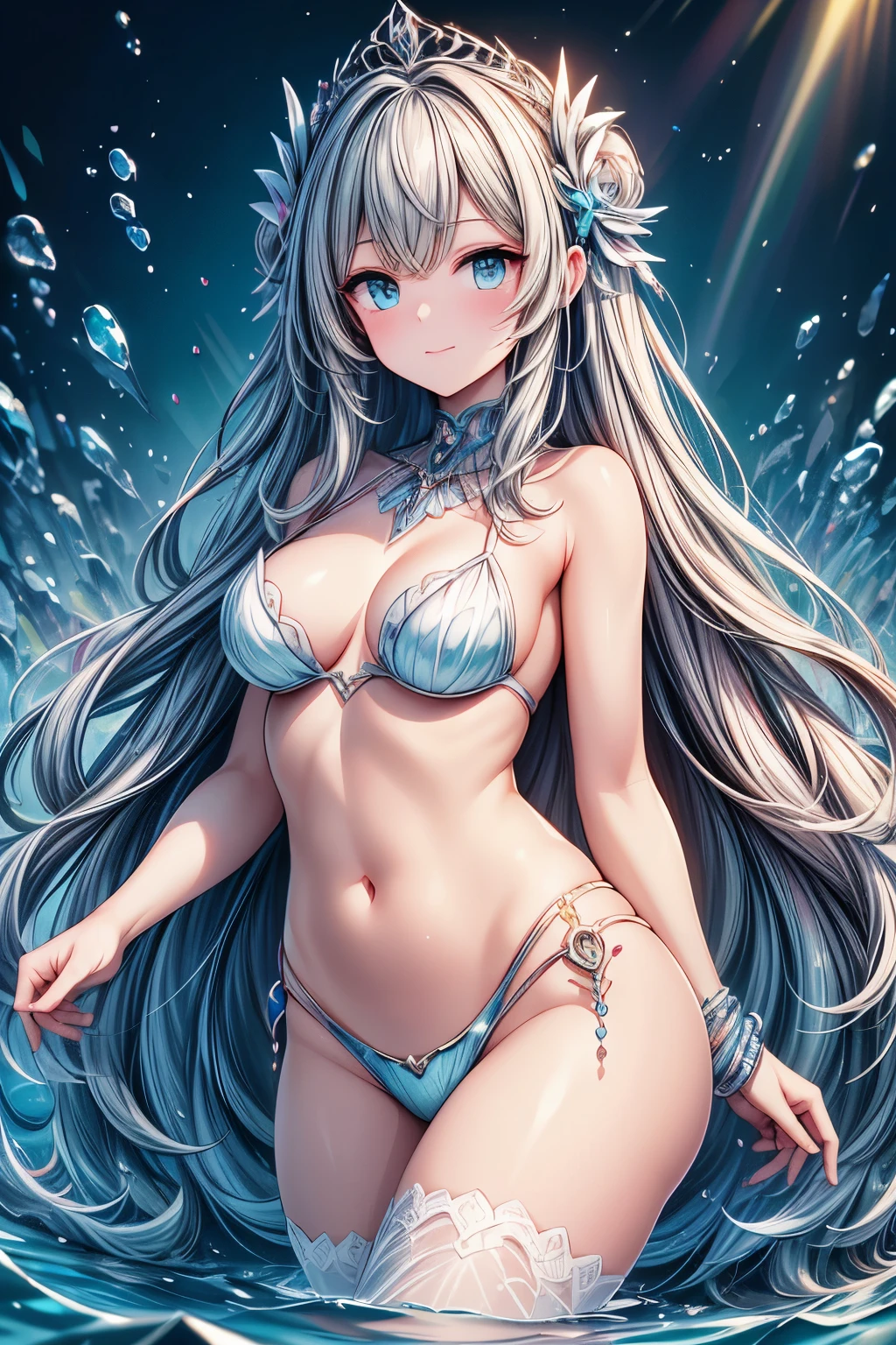 Masterpiece, Committed to ultra-high definition and vivid colors, Super detailed, Attention to detail, highest quality, 8K, 16K, Exquisite detail, A style that combines romanticism and realism, High resolution, Perfect Anatomy, in focus with blurred background, The Little Mermaid, In the sea, Mermaid