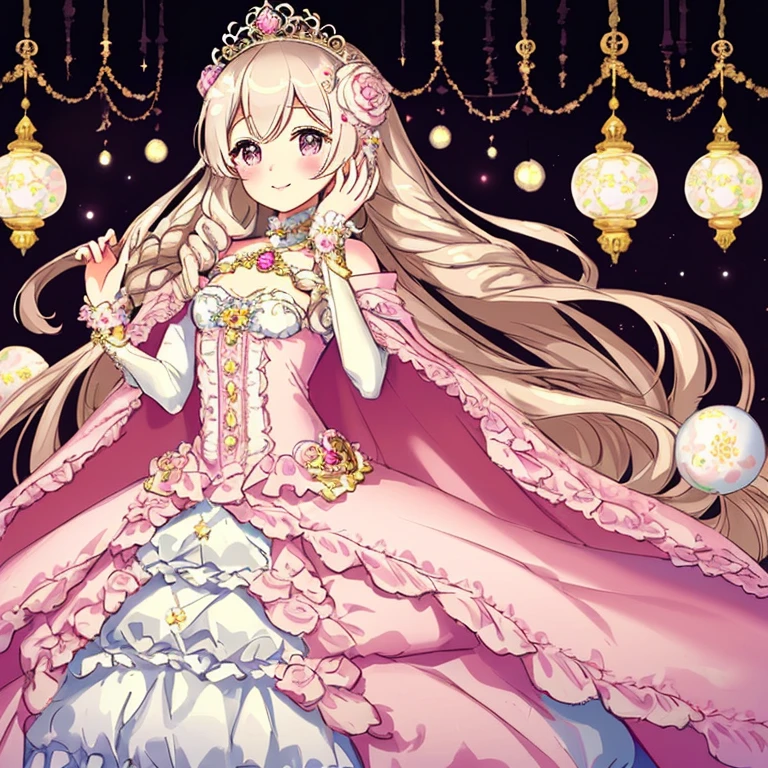 (kawaii),(best quality),(ultra detailed),(rococo style),(long train pastel pink cape:1.15), very long cape,(long train white ball gown with flower decorations:1.1), a girl is wearing a cape over her gown, 1 little princess, tiara, smile, very long hair, small breasts, beautiful detailed eyes, beautiful detailed lips, looking at viewer