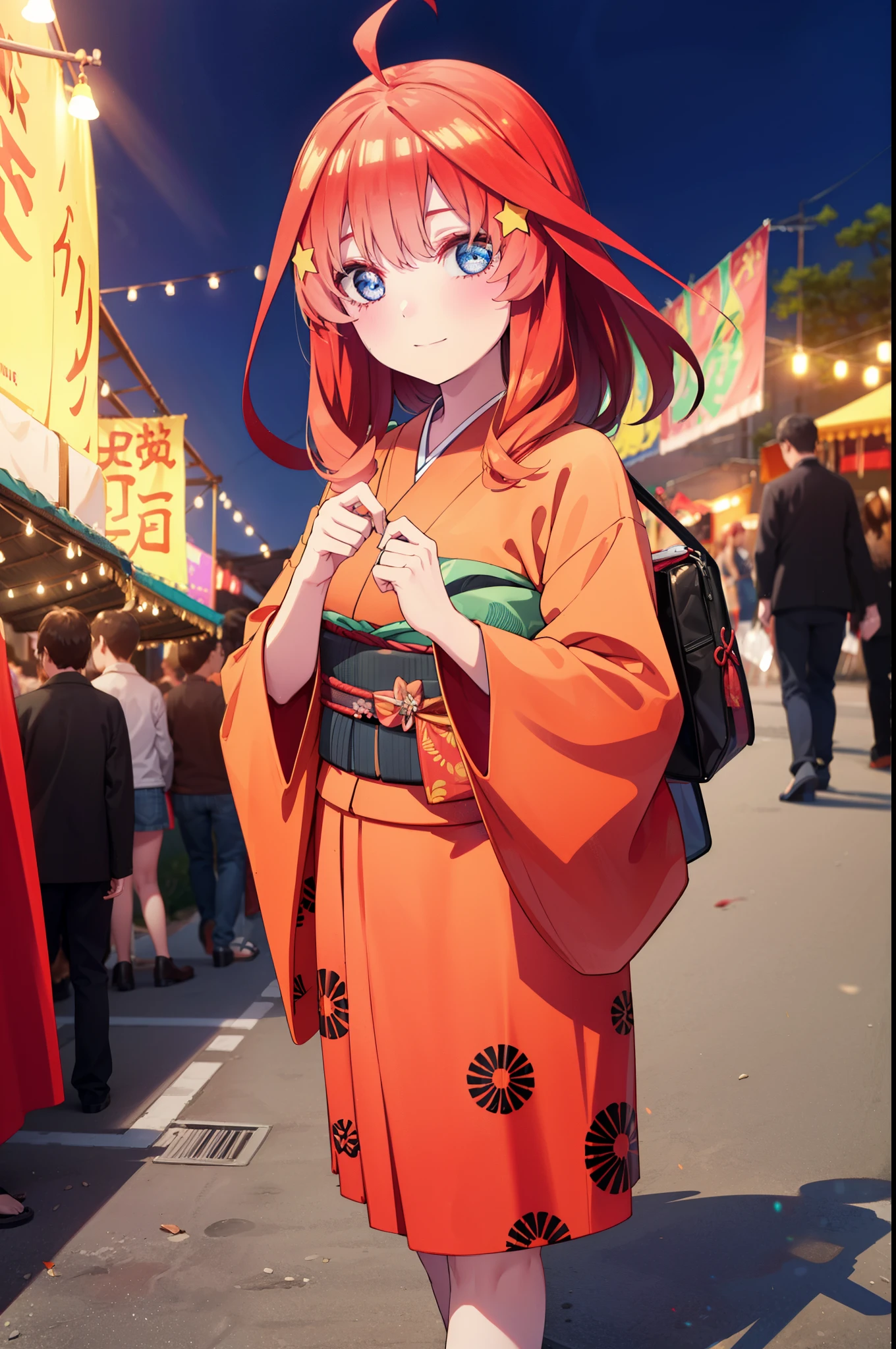 itsukinakano, Itsuki Nakano, bangs, blue eyes, Hair between the eyes, Ahoge, Redhead, star \(symbol\), hair ornaments, star hair ornaments,smile,Red Kimono,Long sleeve,Sandals,night空の花火,Fireworks display,Japanese Festivals,Summer festival food stalls,Red Lantern, night,whole bodyがイラストに入るように,Looking down from above,He is holding cotton candy in his right hand,
break outdoors, shrine, break looking at viewer,whole body,
break (masterpiece:1.2), highest quality, High resolution, unity 8k wallpaper, (shape:0.8), (Beautiful and beautiful eyes:1.6), Highly detailed face, Perfect lighting, Highly detailed CG, (Perfect hands, Perfect Anatomy),