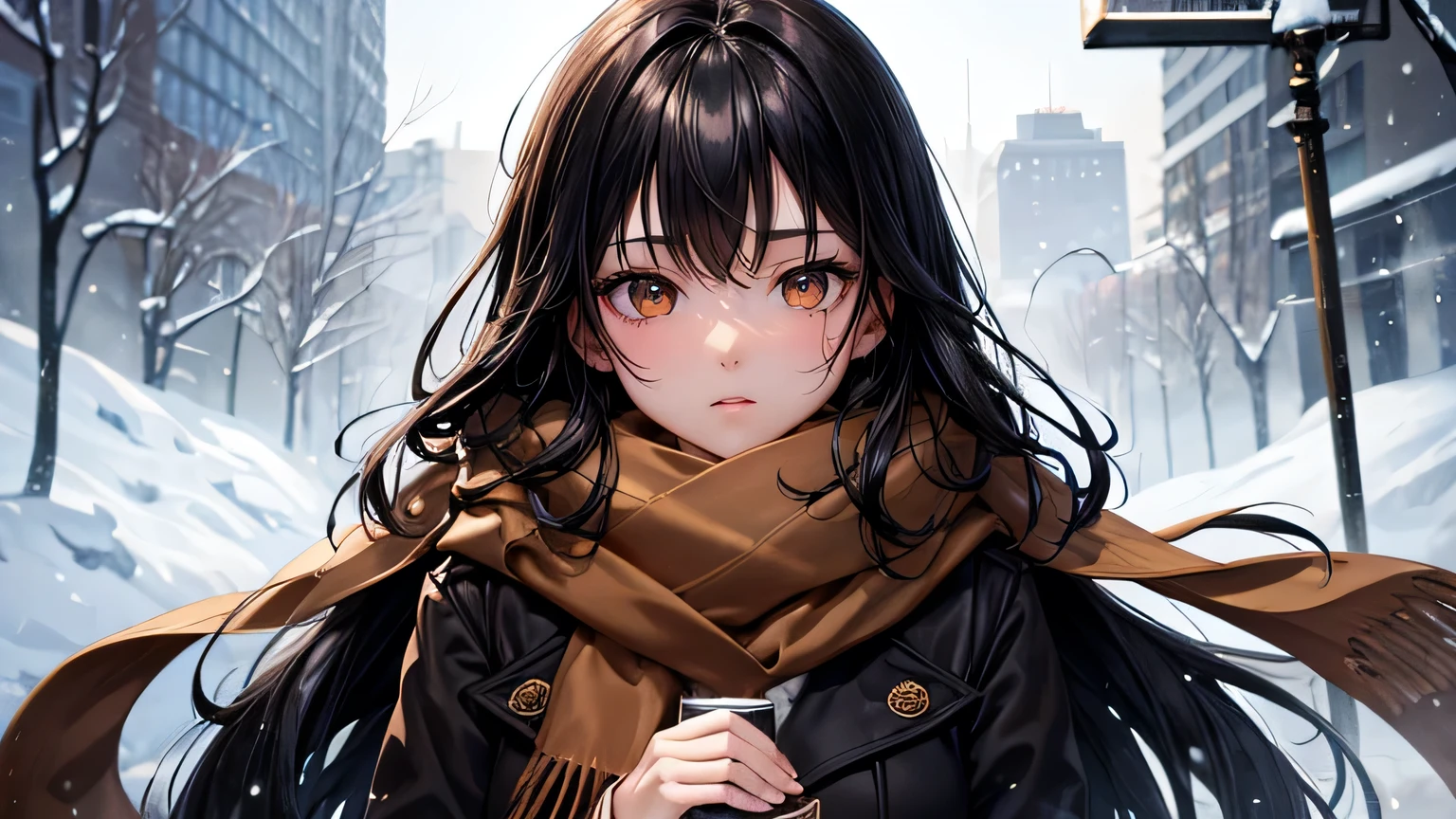 highest quality、Highest quality、Detailed facial expressions、((One beautiful woman、alone))、((Black Hair:1.3))、Beautiful light brown hair、Beautiful straight long hair、Gothichorror、((Brown long coat and scarf:1.2))、Oversized sweater、Winter snow road、Beautiful and detailed eye depiction、Beautiful and detailed hair、Beautiful and detailed facial expressions、snow、tobacco、White Breath、